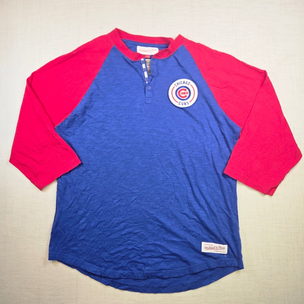 Chicago Cubs Henley Shirt L Mitchell & Ness Mens Blue Red Cooperstown Raglan EUC